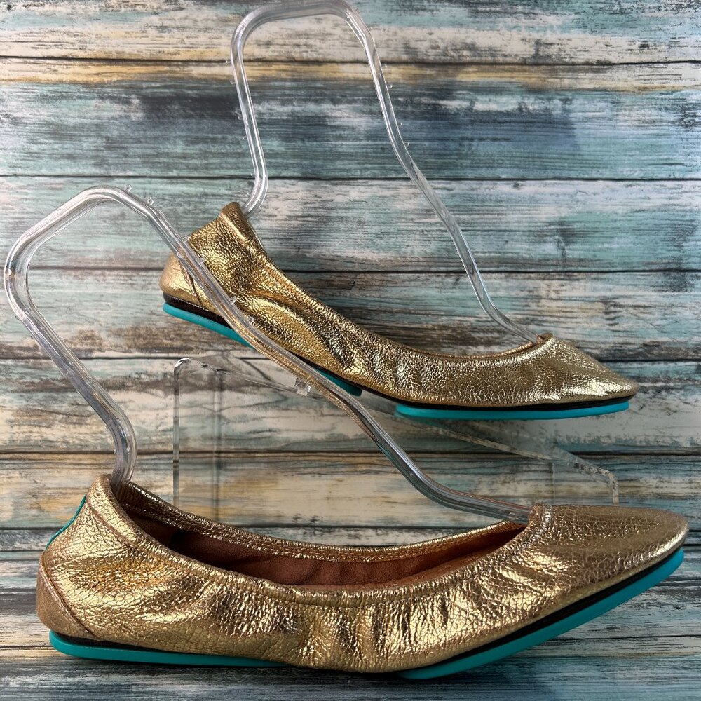 TIEKS Golden Glitz Ballet Flat Womens 12 Metallic Crackled Gold Leather Handmade - Picture 1 of 10